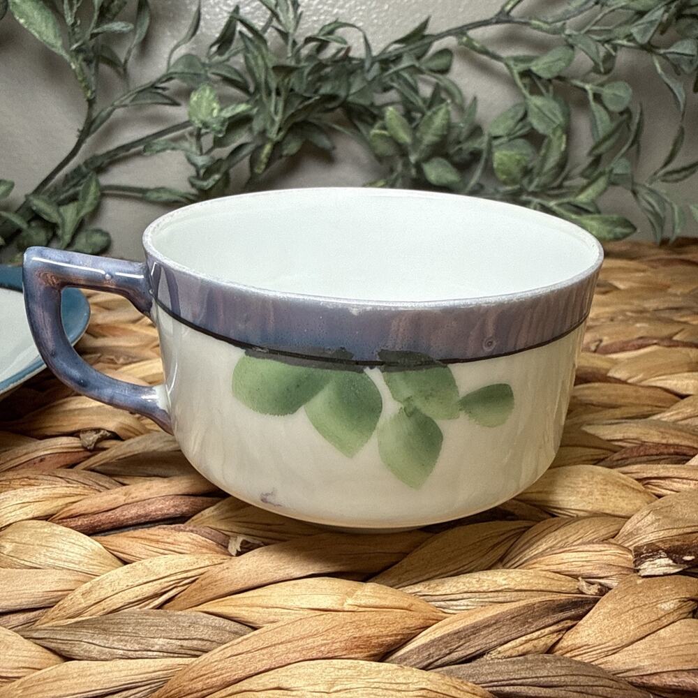 Japanese Lusterware Teacup & Saucer Set Handpainted Blue w/ Flowers Vintage - Picture 10 of 12
